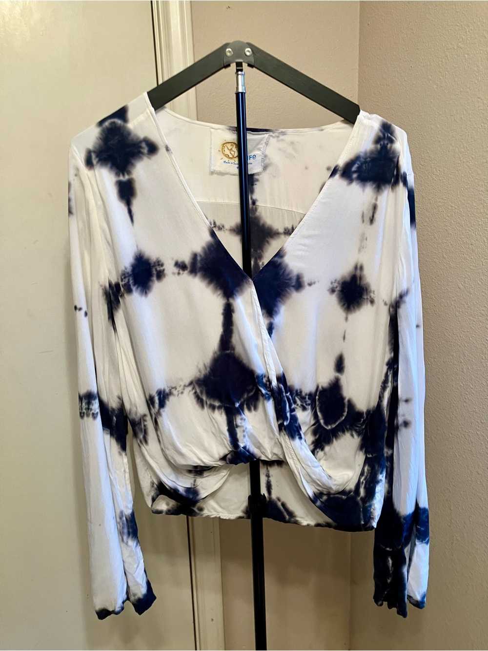 Blue Life Indigo Tie Dye V-Neck Faux Wrap Crop Top Festival Blouse - Size M